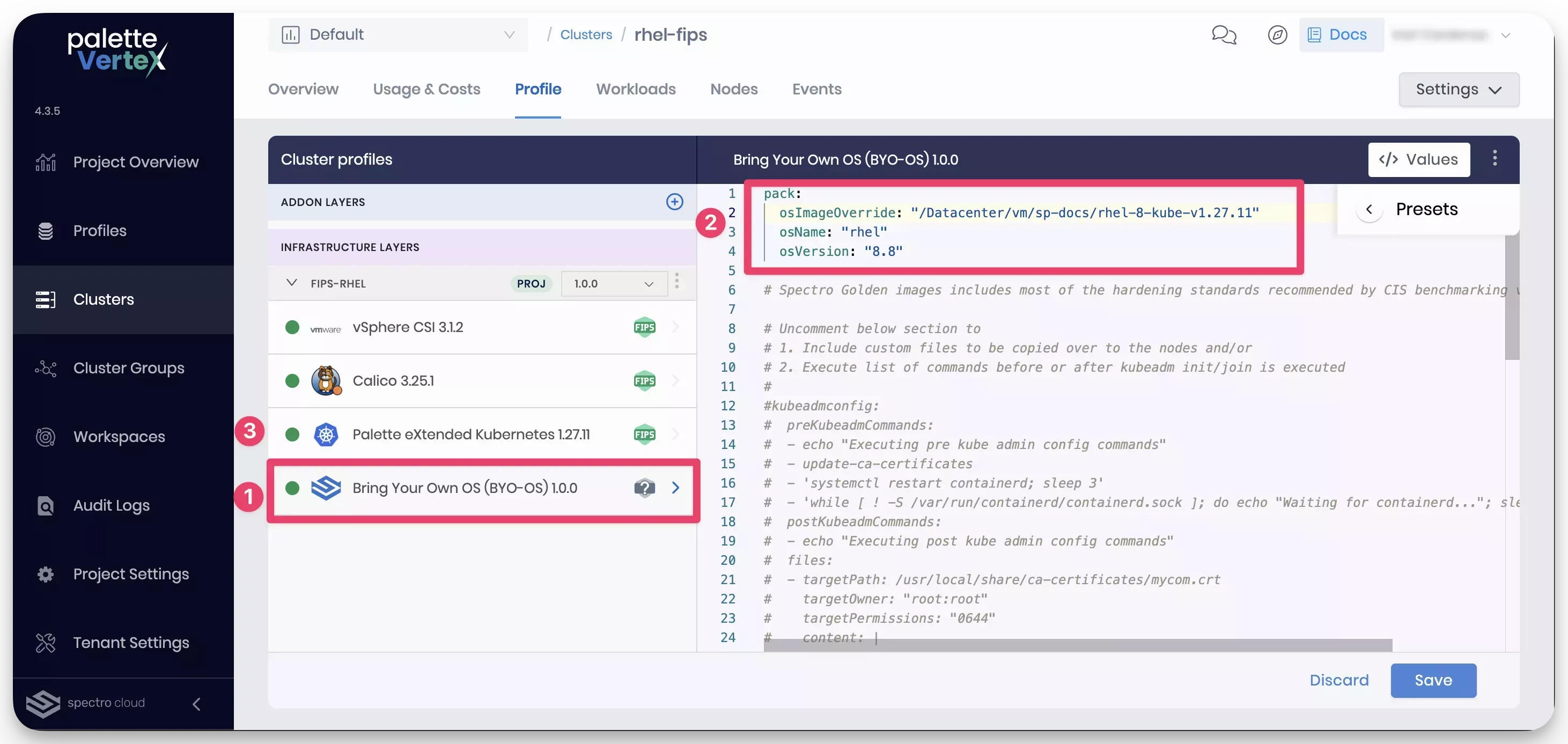 A cluster profile using a custom RHEL image