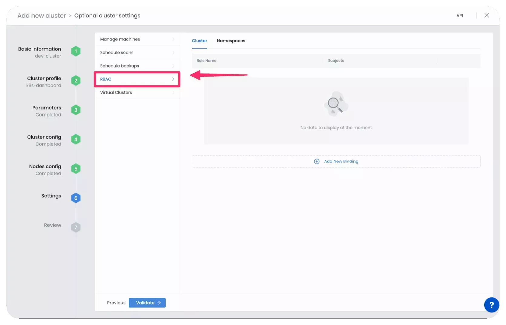 A view of the cluster settings page when creating a cluster