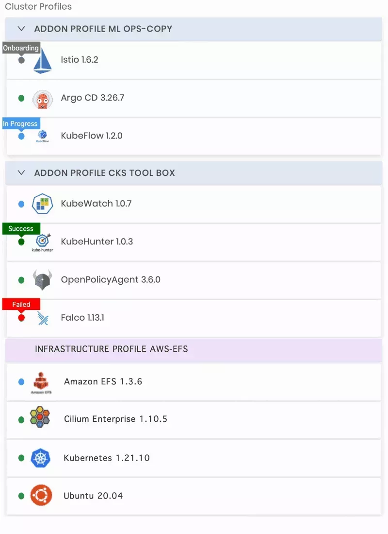 An image of a cluster profile with various pack statuses.