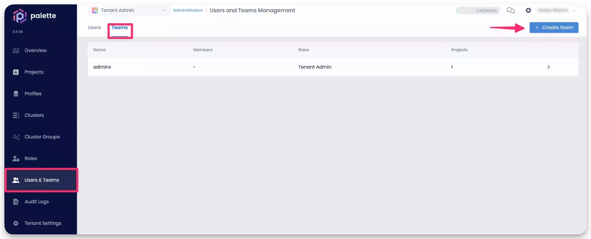 Image of the Palette Tenant menu with Users &amp; Teams highlighted